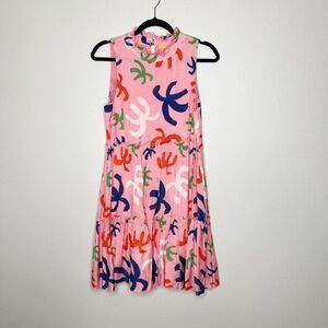 Oliphant Pink Tiered Abstract Print Sun Dress Size XS Cotton Silk